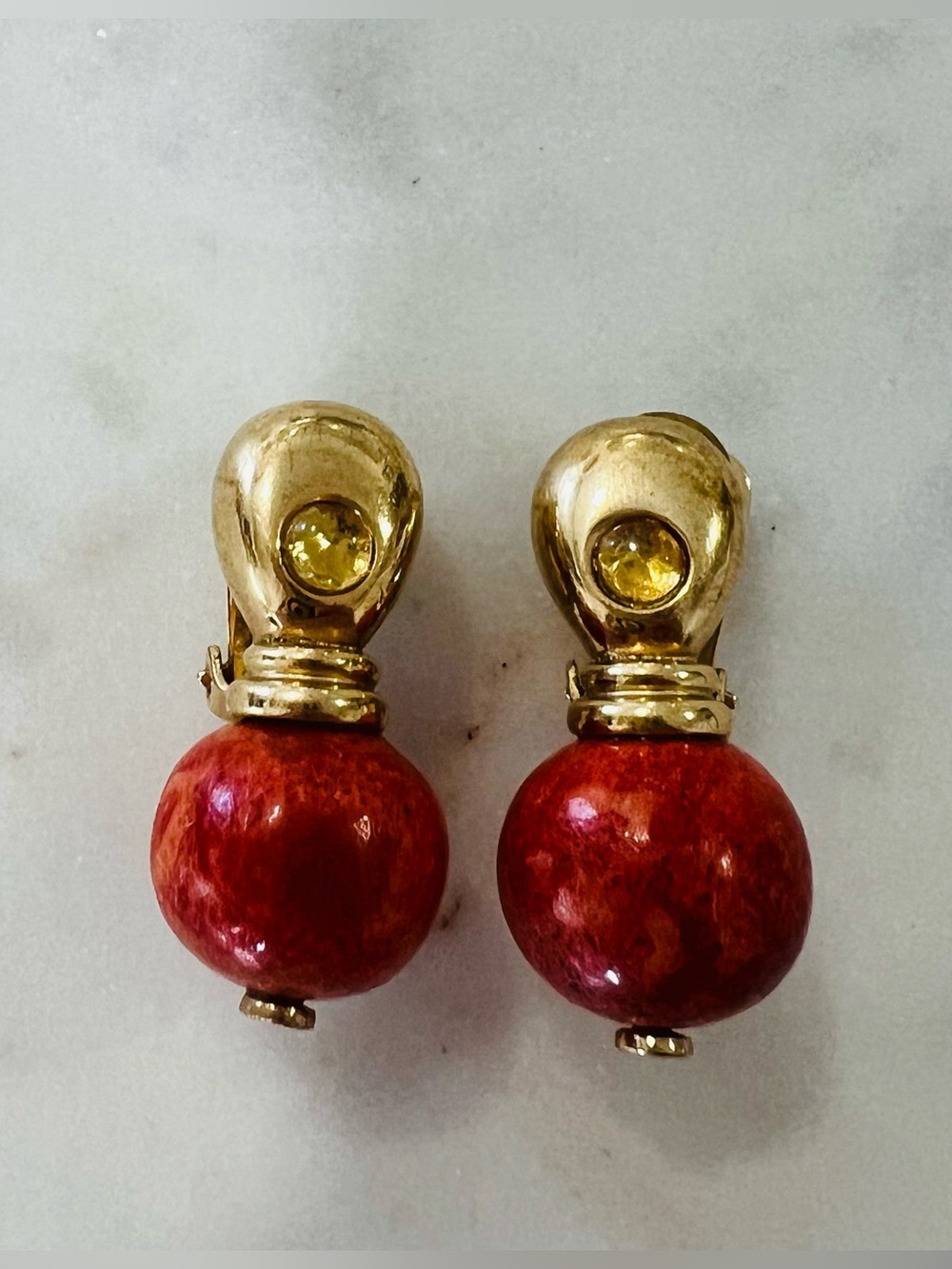 Vintage Statement FR Signed Red Coral Look Yellow Cabochon Clip On Earrings 1”